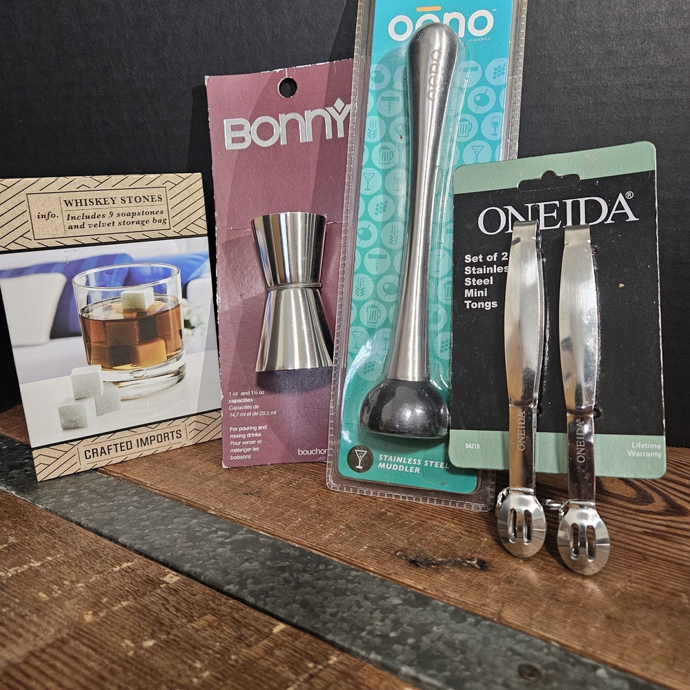 Stainless Steel Jigger and Oneida Mini Tongs Set with OXO Muddler - Silver
